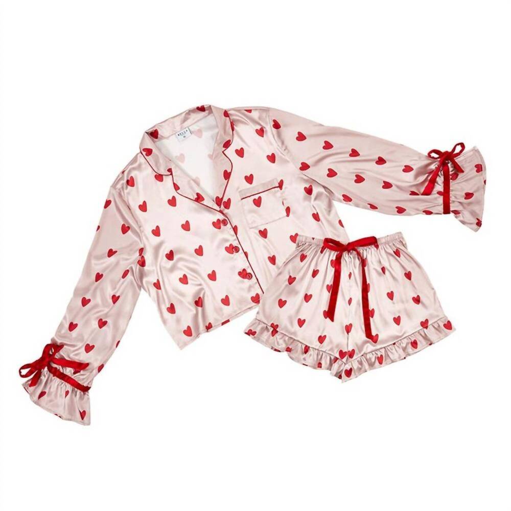NEW BELLA SLEEP + SPA women's cropped ruffle short set with velvet ties in pink